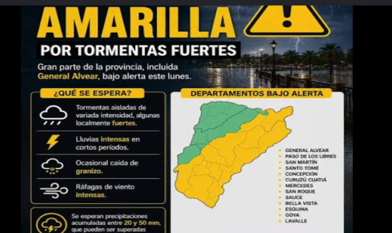 Alerta amarilla en toda la provincia de Corrientes por lluvias y tormentas fuertes