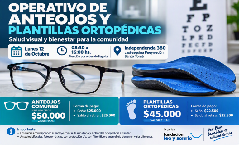 Operativo de Anteojos y Plantillas Ortopédicas: lunes 12 en Santo Tomé.