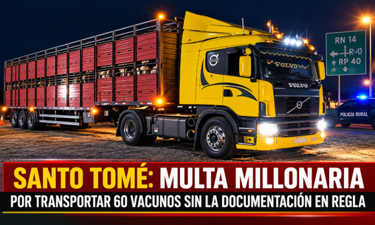 Santo Tomé: Multa millonaria por transportar 60 vacunos sin documentación en regla.